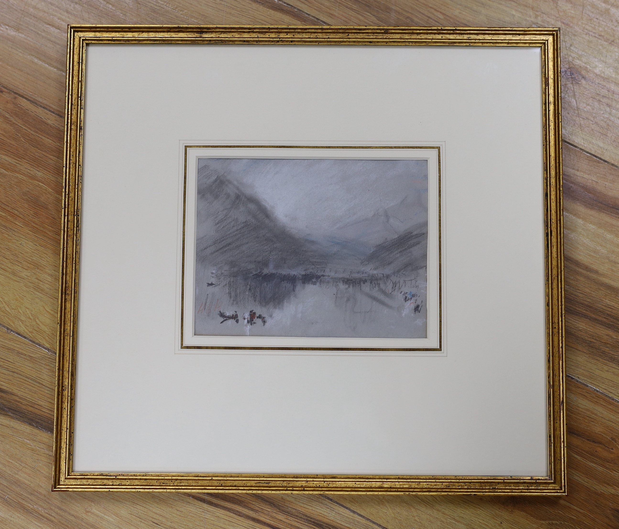Hercules Brabazon Brabazon (1821-1906), charcoal, Continental lake scene, exhibition label verso, 16.5cm x 13cm